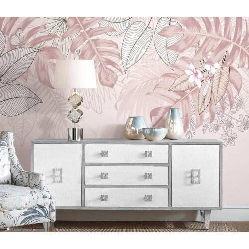 Custom wallpaper hand-painted pink photo tropical plant leaves hand-painted leaves indoor background wall murals 3d wallpaper