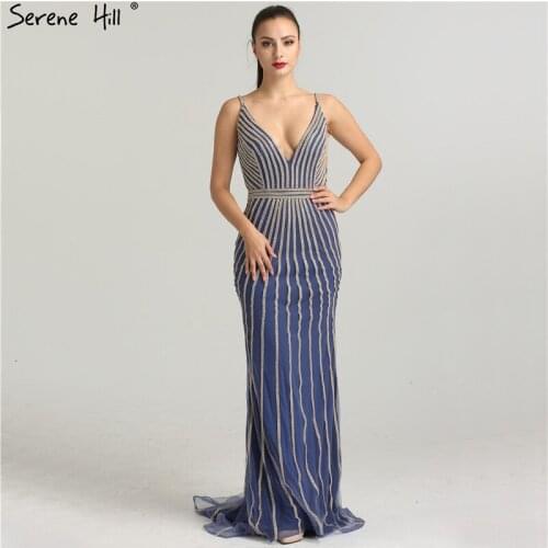 Sexy Deep V-neck Open Back Evening Dresses 2020 New Arrival Crystal Navy Blue Long Party Gown Dubai Robe De Soiree BLA6211