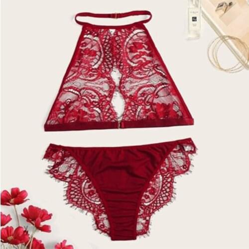 Womens Bra Set Transparent Backless Mesh Underwear Sexy Lace See-Through Hanging Neck European And American Style Babydoll