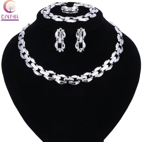 Women African Beads Jewelry Sets Wedding Party Accessories Silver Color Bridal Necklace Bracelet Earrings Rings Sets