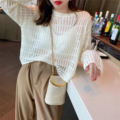Women Sweater Mohair Pullover Oversized Orange Hollow Knit Top Fashion Crochet Lantern Sleeve Thin Sweet Girl Jumpers Fall 2021