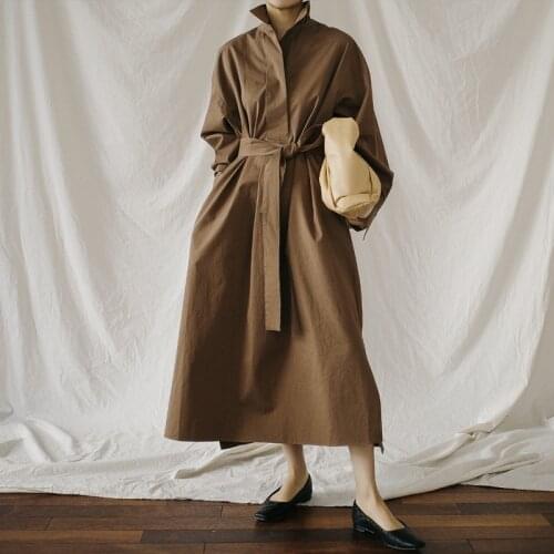 Johnature Autumn New Shirt Dresses 2021 Casual Korean Turn-down Collar Loose Solid Color Bandage Pockets Women Dress