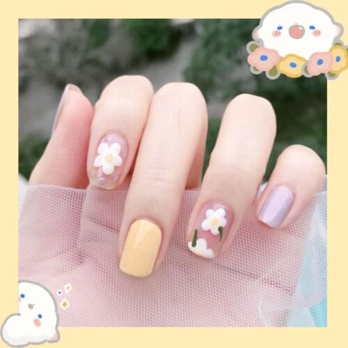 24pcs Summer Small Flower Egg Flower Short Fake Nails Full cover Fake Nails Glue DIY Manicure Nail Art Tools