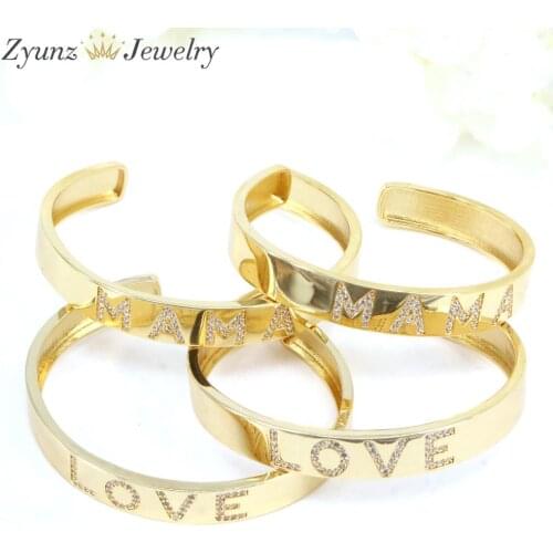 5PCS, Mama Love Letter CZ Zirconia Cuff Bracelet Gold Color Charm Copper Opening Adjustable Design Bangles Simple Trendy Jewelry