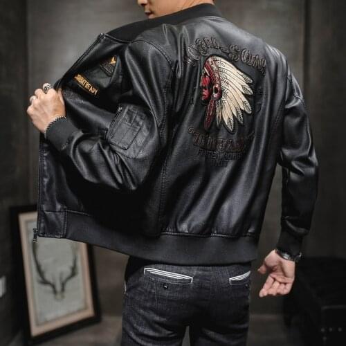 New Mens Leather Jacket Male Coat Spring Autumn Embroidery Streetwear Casual PU Motorcycle Jacket Men Brand Clothing BF2035