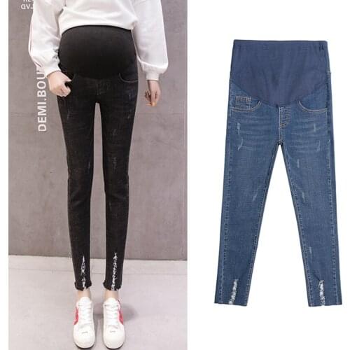 Fashionable wild pregnant women jeans spring pregnant women denim trousers nine points pants hole feet jeans pregnant women