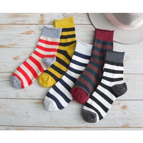Fashion Cotton Socks Women Spring Gold Sliver Autumn Funny Splicing Heap Comfort Femme Striped Casual Crew Curl Japanese