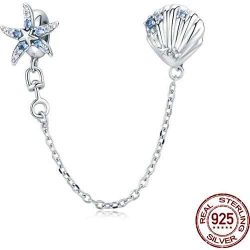 Fashion jewelry accessories 100% 925 sterling silver starfish safety chain charm fit bracelet zircon beads birthday gift making