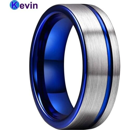 Blue Engagement Ring Men Women Tungsten Wedding Ring With Offset Groove And Comfort Fit