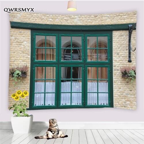 Wall Old Green Wooden Windows Tapestry Wall Hanging European Architecture Living Room Bedroom Decor Wall Home Art Tapestries