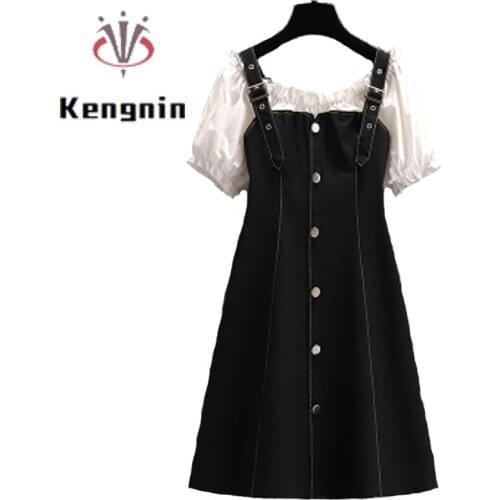 Fake Two Piece Womens Dresses 2021 Summer Dress Plus Size 4XL Slash Neck A-Line Ladies Vestidos Black Dress Robe KE1563