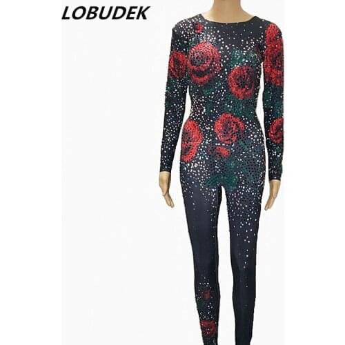 Rose Pattern Black Rhinestones Elastic Skinny Jumpsuit Sexy Female Birthday Celebration One Piece Nightclub Bar Dance Rompers