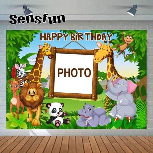 Sensfun Safari Jungle Party Photography Backgrounds Green Forest Lion Elephant Kids Birthday Party Backdrops Custom Photo Text