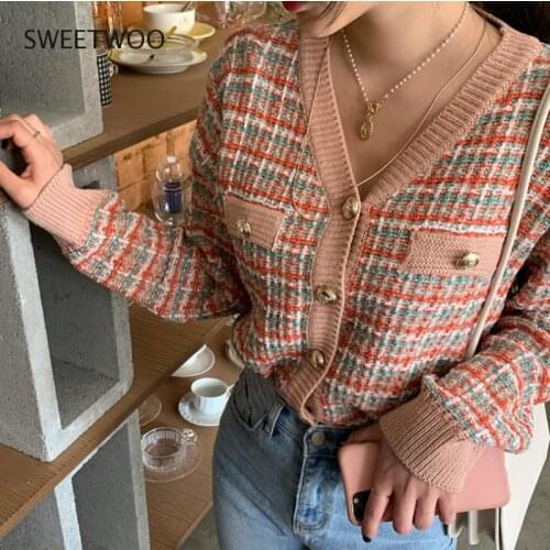 Vintage Knitted Cardigans Womens Sweater Tweed Sweater Autumn Winter Korean Retro Sweater Knitwear Clothes Tops 2021