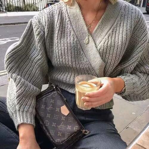 Vintage women knitted gray sweater 2020 fashion ladies elegant short cardigan sweaters female autumn-winter knitwear girls chic