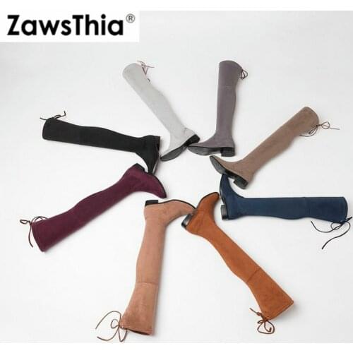 ZawsThia 2020 faux suede leather 3cm med heels woman stretch elastic fabric over knee high boots women shoes booties size 34-43