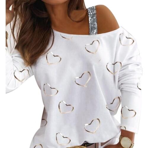 Women Blouse Long Sleeve Heart Shape Print Gold Stamping Shiny Sequins One Shoulder T-shirt Pullover for Spring