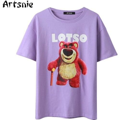 Artsnie sweet cartoon purple t shirt women summer 2020 o neck short sleeve tops female oversized casual cotton t-shirts femme