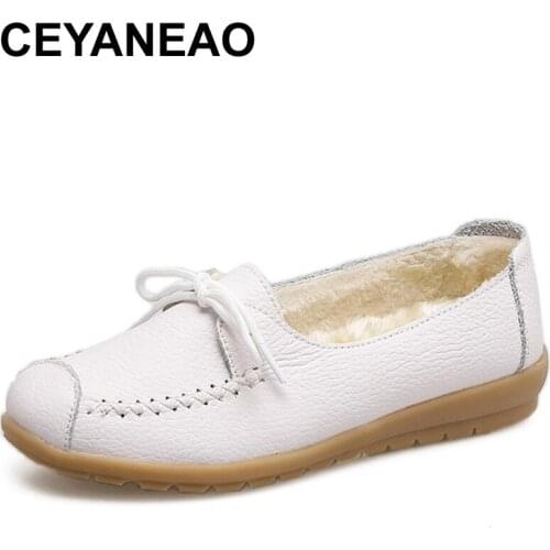 CEYANEAO2018 Autumn Women Flats Shoes Women Genuine Leather Shoes Ladies Fur Slip On Ballet Flats Loafers Female BallerinaE863