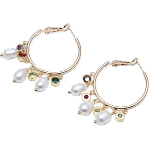 GuaiGuai Jewelry Natural White Rice Pearl Colorful CZ Crystal Gold Plated Big Circle Hoop Earrings Handmade For Women
