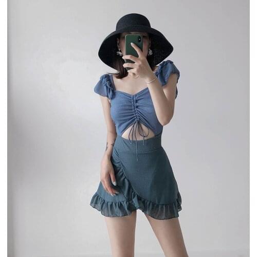 Swimsuit Fused Female Plus Size Swimwear 1 Piece Trendy Korean One Women Lovely Swimsuits Show Thin Slim Skirt Ruffle Hollow Out