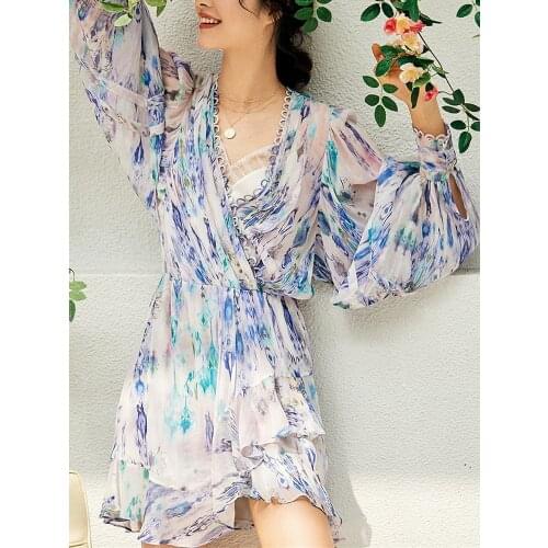 Blooming Print Women Deep V-Neck Mini Dress 2021 Spring Summer Lantern Sleeve Ruffles Tirm Ladies Short Dresses With label