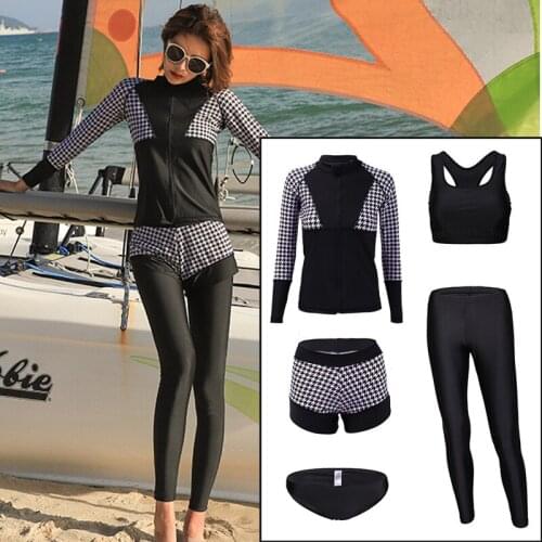 Womens 5pcs Rashguards set Houndstooth Blackwhite Printed Zip Up Long Sleeve Swim Surf Suit Sun UV Yoga Running Tracksuit