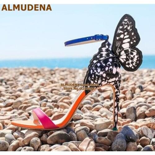 ALMUDENA 3D Butterfly Luxury High Heel Sandals Pink Black Wing Multi-color Wedding Shoes Stiletto Heels Dress Pumps Size42