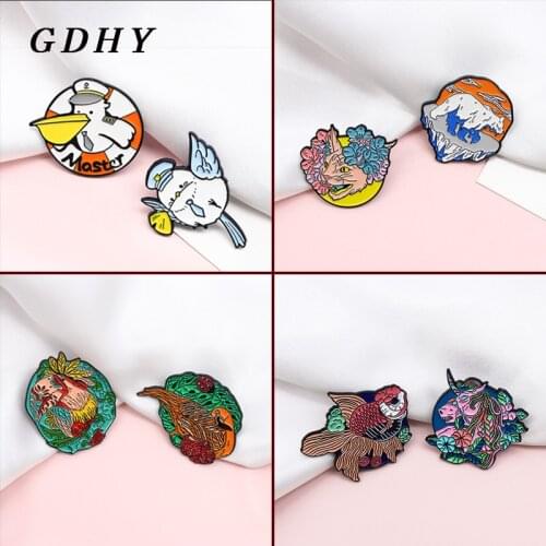 GDHY Forest Marine Animals Brooch Hairless cat Seagull Parrot Bird Polar bear Goldfish Flower Animal Enamel Pin Badge Jewelry