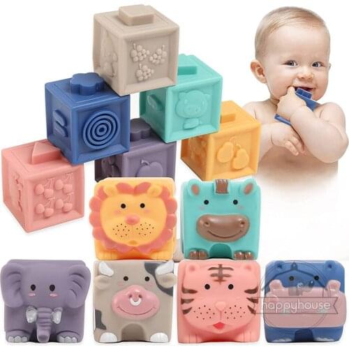 Baby Sensory Toys Building Silicone Blocks Grasp Toy 3D Silicone Building Blocks Soft Ball Kid Rubber Bath Cube Baby Toy