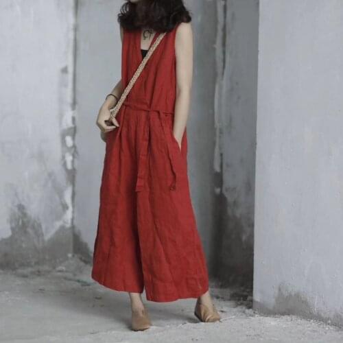 Women Vintage Loose Solid Color Linen Jumpsuit Pants Ladies Retro Flax Overalls Rompers Female Summer Trousers 2018