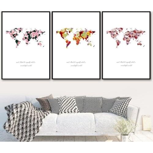 3 Pieces Rose Peony World Map Canvas Quotes Nordic Posters And Prints Wall Art Canvas Painting Wall Pictures For Living Room