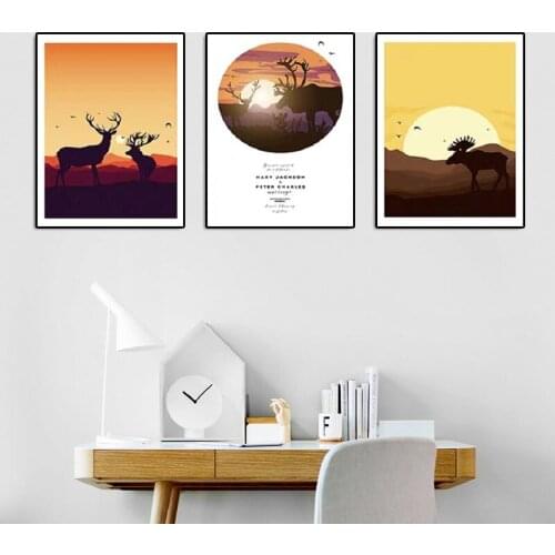 Nordic Modern Style Elk Sunset Scene Canvas Painting Abstract Pattern Posters And Prints Wall Pictures For Living Room Decor