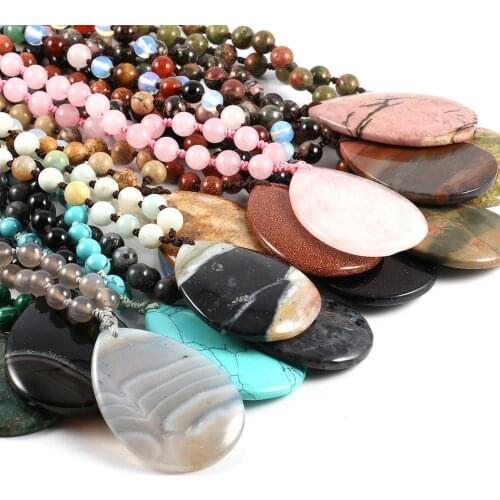 Natural Semi Precious Stone Pendant Necklace For Woman Round Beads And Drops Of Agates Beads:8mm Chains:70cm Pendant :55x40 mm