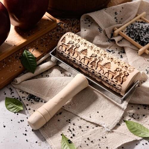 Laser Engraved Durable Hand-held Environmental Protection Kitchen Printing Rolling Pin Cookies Noodle Biscuit Fondant Cake Tool
