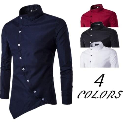 Mens Shirts Palace Style Slim Long Sleeved Shirt With Diagonal Placket Fashion Casual Solid Color Stand Collar Cardigan