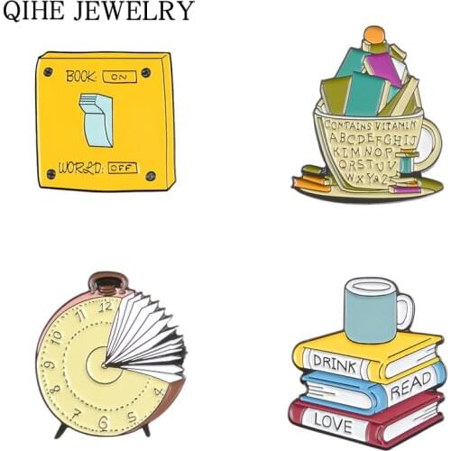 Reading series Cartoon Badges Soft Enamel Pin Alarm clock Cup Book Switch Lapel Pin Brooches For Friends Kids Creative Jewelry
