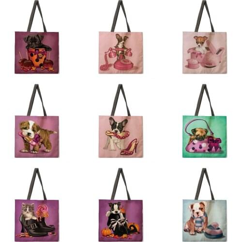 Cartoon puppy print tote bag linen fabric casual tote bag foldable shopping bag reusable beach bag lady shoulder bag