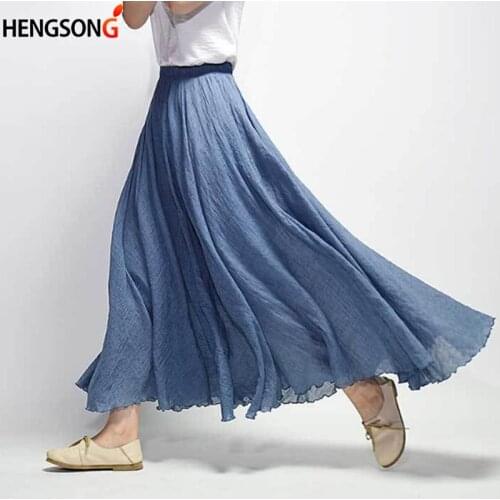 14 Colors Linen Maxi Skirt Pleated Vintage Boho Maxi Long Casual Cotton Beach Skirt Empire A-Line Linen Skirt Ladies Clothing