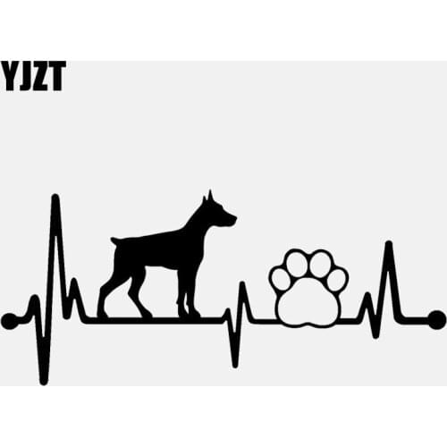 YJZT 14.2CM*6.2CM Doberman Heartbeat Lifeline Dog Paw Vinyl Motorcycle Black/Silver Car Sticker C22-1056