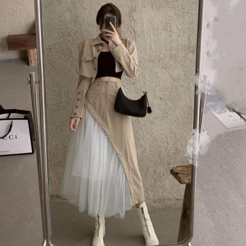Female Autumn Suits Design Sense Stitching Irregular Mesh Skirt + Retro Temperament Short Jacket Two-Piece Sets