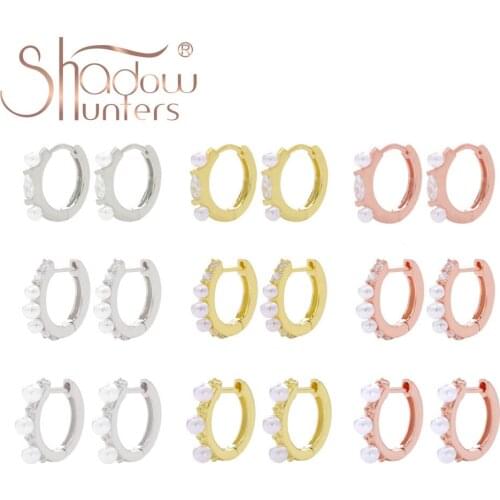 SHADOWHUNTERS 925 Sterling Silver Pearl Huggies Hoop Earrings With Zircon For Girl Charming Tenny Earrings Classic Women Jewelry