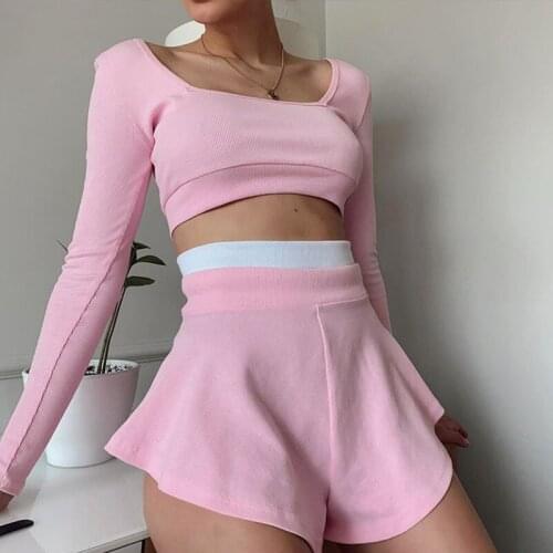 Womens Tops A-line Skirt Suit Long Sleeve Sexy Splicing Color Slim Top High Waist Skirts 2 Pieces Summer Party Club Skirt Suits