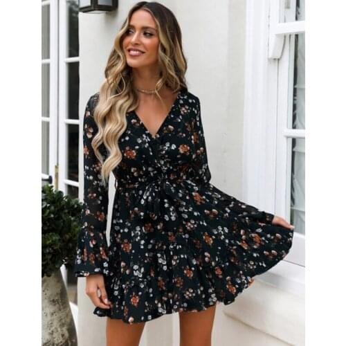 2020 Women Boho Ruffle Floral Falare Long Sleeve V-Neck Dress Lades Party Club Dresses Summer Holiday Sundress Vestido