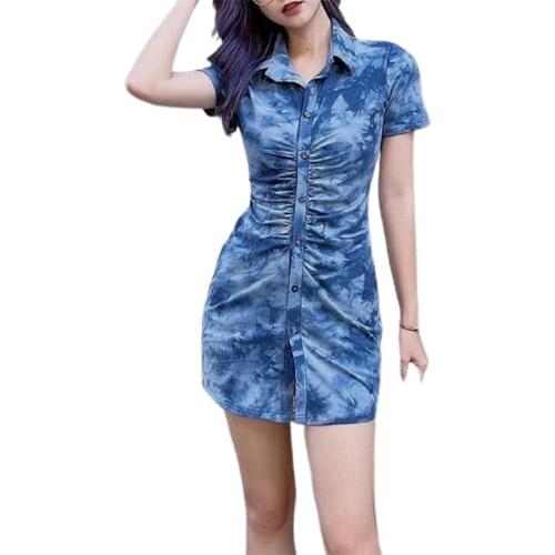 Women Close-fitting Dress Blue Tie-dyed Printed Pattern Short Sleeve Turn-down Collar Dresses