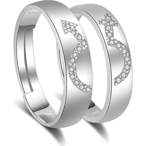 100% 925 sterling silver fashion shiny crystal lovers`rings adjustable finger ring jewelry wedding gift drop shipping