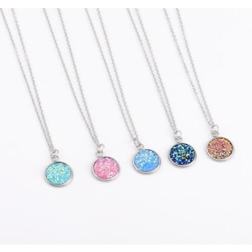 12mm Druzy Drusy pendant Necklaces Jewelry Resin Cabochon Stainless steel Pendant Chain for Women Girl Jewelry Gift