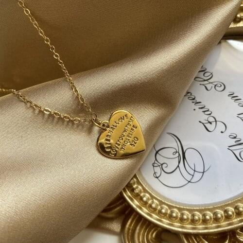 925 Sterling Silver Womens Necklace Simple Design Heart-shaped Pendant Hundred Letters Necklace Sweater Chain