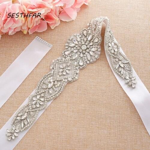 SESTHFAR Crystal Wedding Belt With Pearls Luxurious Rhinestones Satin Ribbons Bridal Belt Sash For Women Dresses