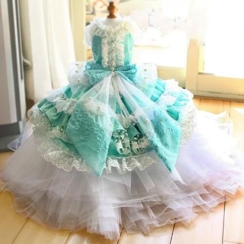 Free Shipping Handmade Dog Clothes Luxury Pet Apparel Classic Chapel Train Gown Pearl Lace Tulle Wedding Dress Photography